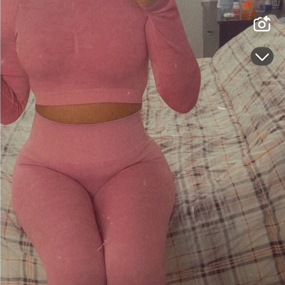 Pink Long Sleeve Crop Top and Leggings Set